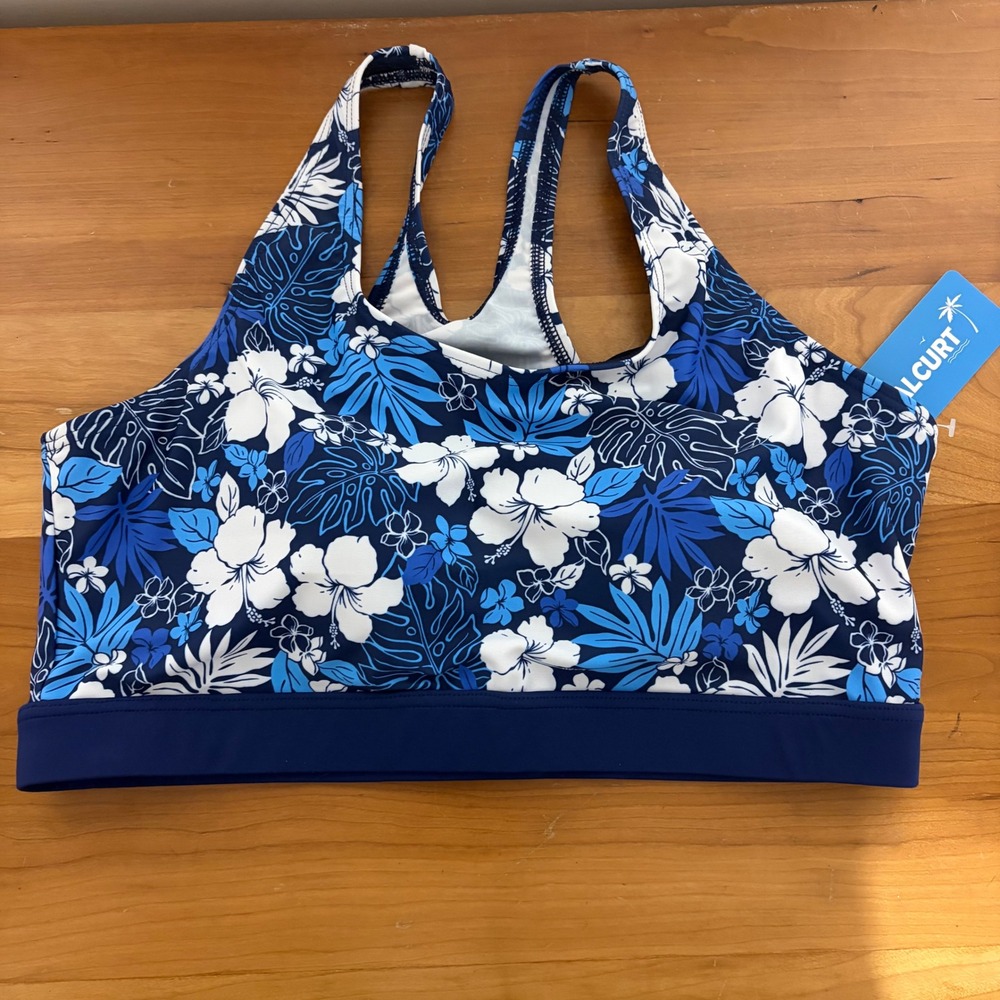 Halcurt Womens Blue White Tropical Floral Racerback Tankini Swim Top XL NWT